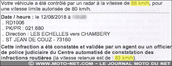 Contravention excès de vitesse pour 83 km/h retenus