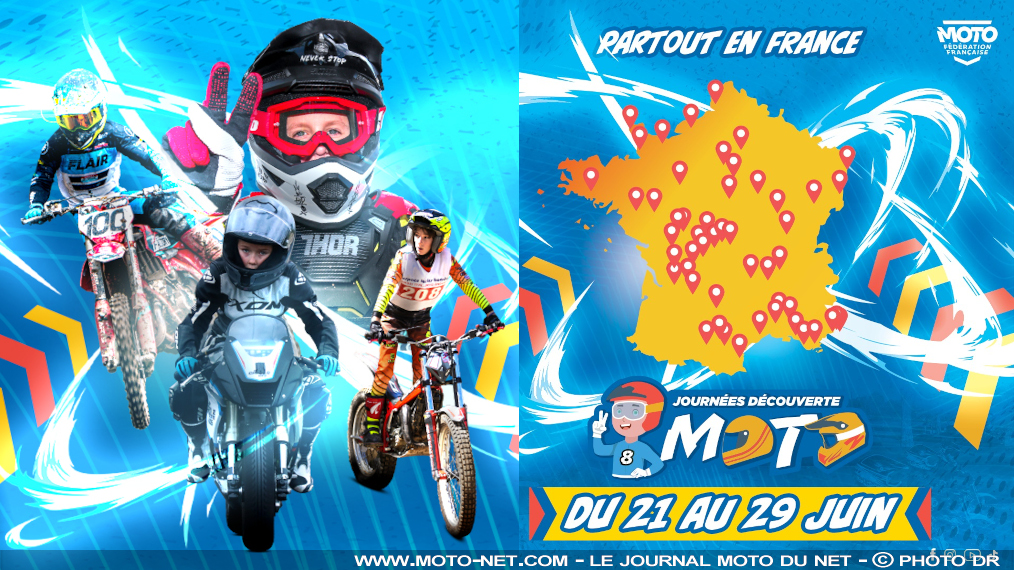 Initiation à la moto dès 6 ans, partout en France du 21 au 29 juin 2025 !

Le changement dans la continuité ! Tel est le programme des Journées Découverte de la Moto qui se dérouleront plus tôt et plus longtemps en 2025 : la Fédération Française de Motocyclisme invite les jeunes à découvrir le motocross, l'enduro, le trial ou la vitesse avant les grandes vacances… puis à s'inscrire dans les moto-clubs qui participent à l'opération ! À vos agendas.

