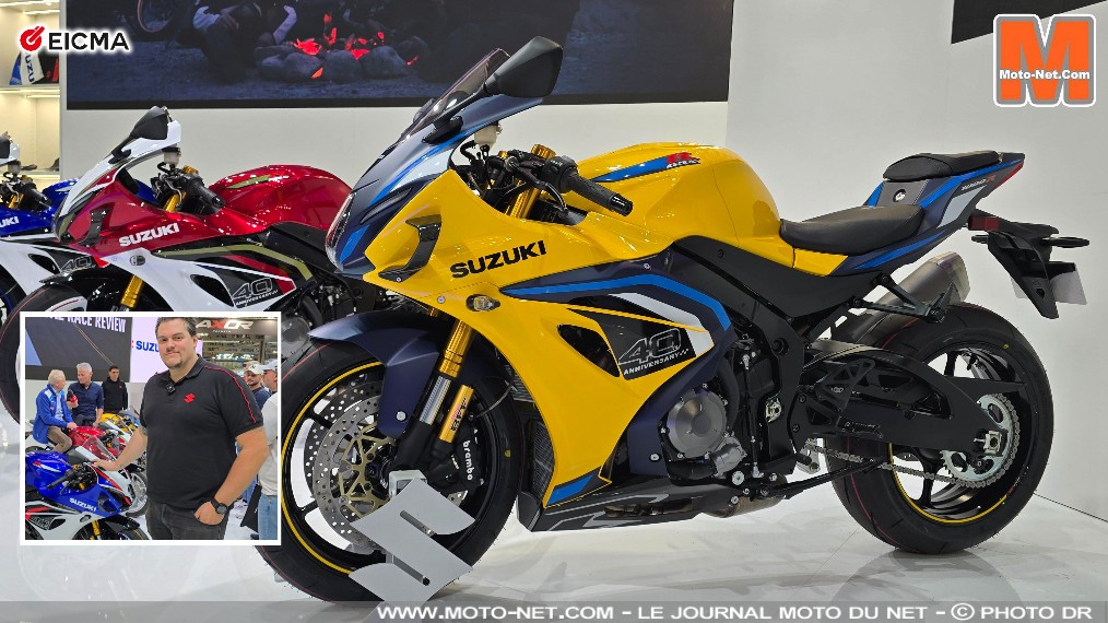 Suzuki France nous détaille la GSX-R1000 à l'EICMA 2025

La Gex est de retour pour l'été 2026 ! Suzuki place sa GSX-R1000 aux normes Euro5+ pour les 40 ans de sa lignée sportive. L'attaché de presse de la filiale française, Valentin Bayle, nous la présente en direct du salon de la moto de Milan, avec Kevin Schwantz sur le stand ! Cette GSX-R1000 &quot;40th Anniversary&quot; développe 195 ch pour 203 kg, à un prix estimé aux alentours de 20 000 euros.
